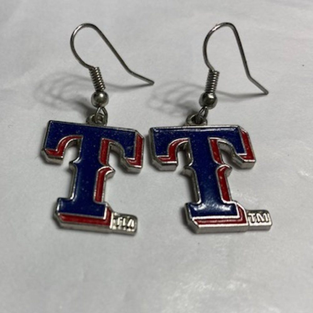 New * TEXAS RANGERS * Dangle HOOK Pierced EARRINGS * RED & BLUE T